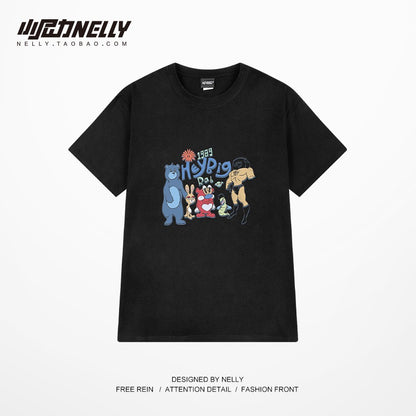 Ins tops for men and women 2023 new Korean version of cartoon printing loose T-shirt mid-length casual short-sleeved T-shirt half-sleeved