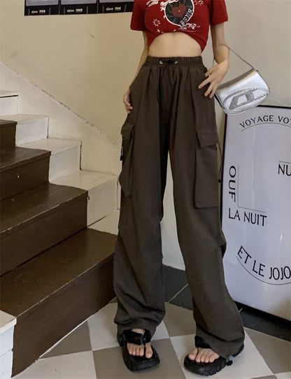 American retro drawstring tooling casual pants women's summer high street loose all-match straight wide-leg pants mopping trousers