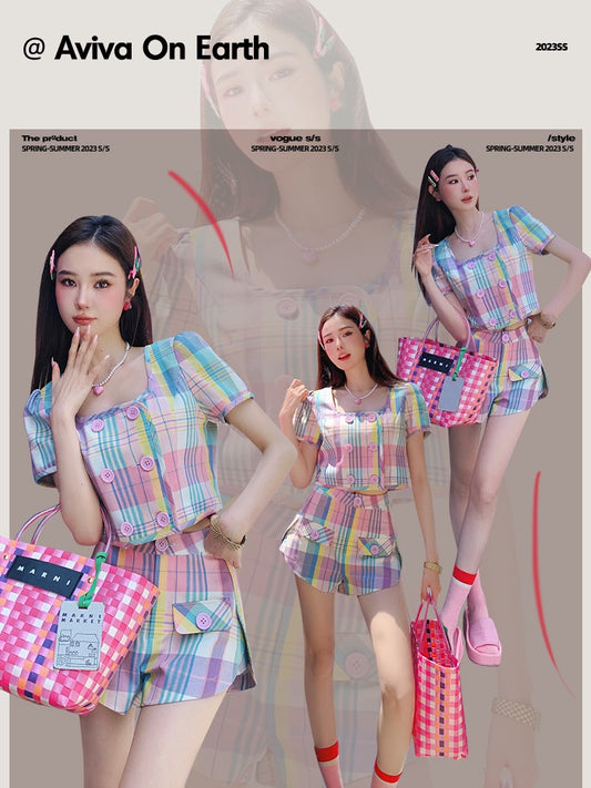 [Earth Shop] Women's summer blouse + wide-leg pants two-piece set with color-blocking plaid suit