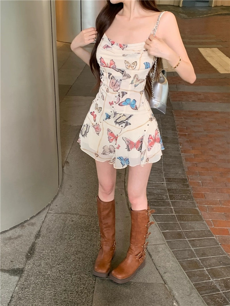 Atmosphere irregular waist hot girl dress female summer niche butterfly print suspender skirt a-line skirt