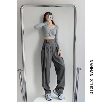 Spring and Autumn Velcro Draping Suit Pants Design Pressed Pleated Loose Straight Mopping Trousers Casual Wide-leg Pants Women