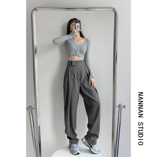 Spring and Autumn Velcro Draping Suit Pants Design Pressed Pleated Loose Straight Mopping Trousers Casual Wide-leg Pants Women