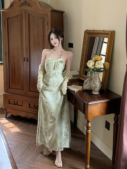 Gentle waist sling dress women's summer new Chinese style national style retro a-line skirt floral temperament long skirt