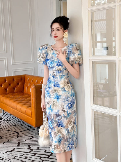 Retro Elegant Light Cooked Floral Floral Hip Dress Women's Wear Light Luxury Age Reduction Slim Puff Sleeve Temperament Straight Skirt