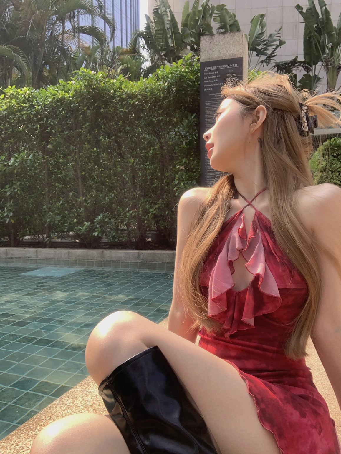 Spring and summer women's v-neck ruffles hanging neck dress high waist slim bag hip skirt new retro open back small man