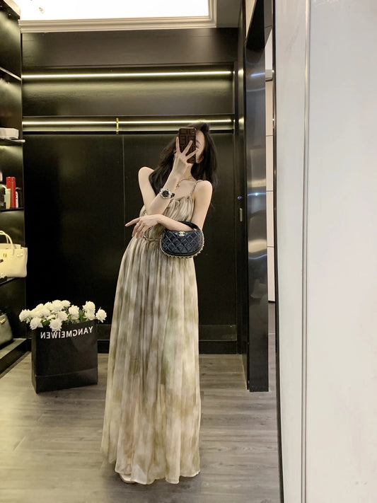Leathercat suspender skirt women's summer high-end exquisite French high-end temperament long skirt dress 2023