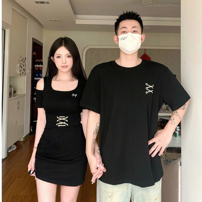 Couple wear summer clothes 2023 new niche design short-sleeved T-shirt women's waist slimming dress one skirt and one suit
