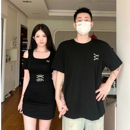 Couple wear summer clothes 2023 new niche design short-sleeved T-shirt women's waist slimming dress one skirt and one suit