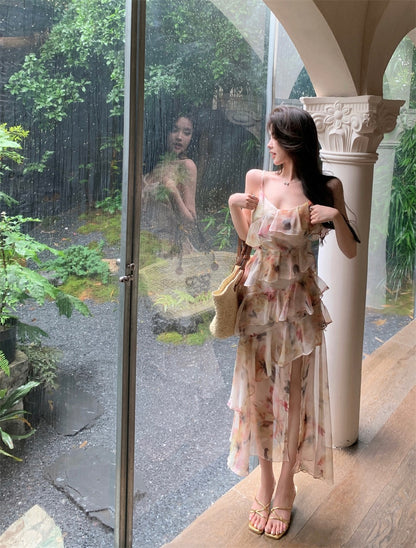 Pure desire wind floral chiffon suspender dress women's summer French skirt waist slit high-end temperament long skirt