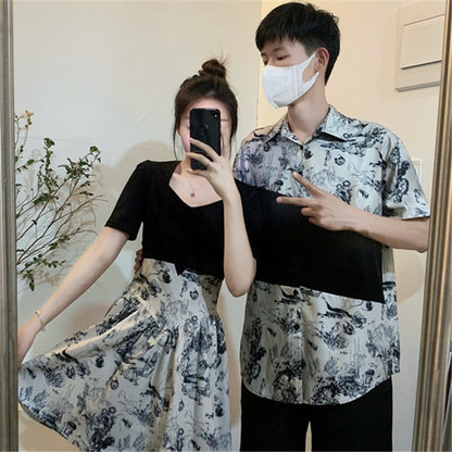 French lovers' summer dress niche design national style improved version fake two pieces floral dress women's short-sleeved shirt