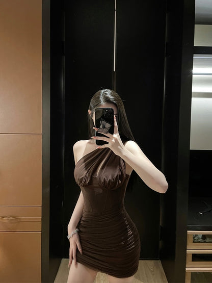 For Fay Brown Mesh Wrinkled Elastic Slim Dress High-Level Temperament Thin Package Hip Skirt Female Summer