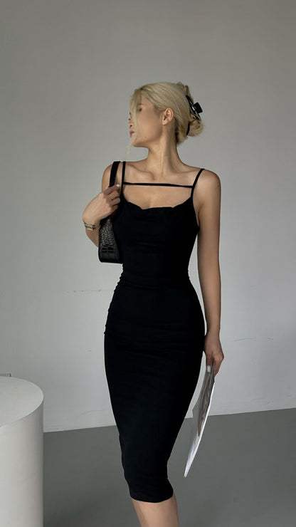 Iya Sexy Spice Girl Low Neck Suspender Dress Women's Summer New High Waist Slim Mid Length Package Hip Skirt