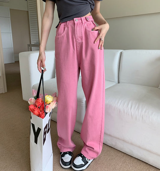 Green jeans women's straight pants summer design sense high waist slimming loose color wide-leg pants mopping trousers