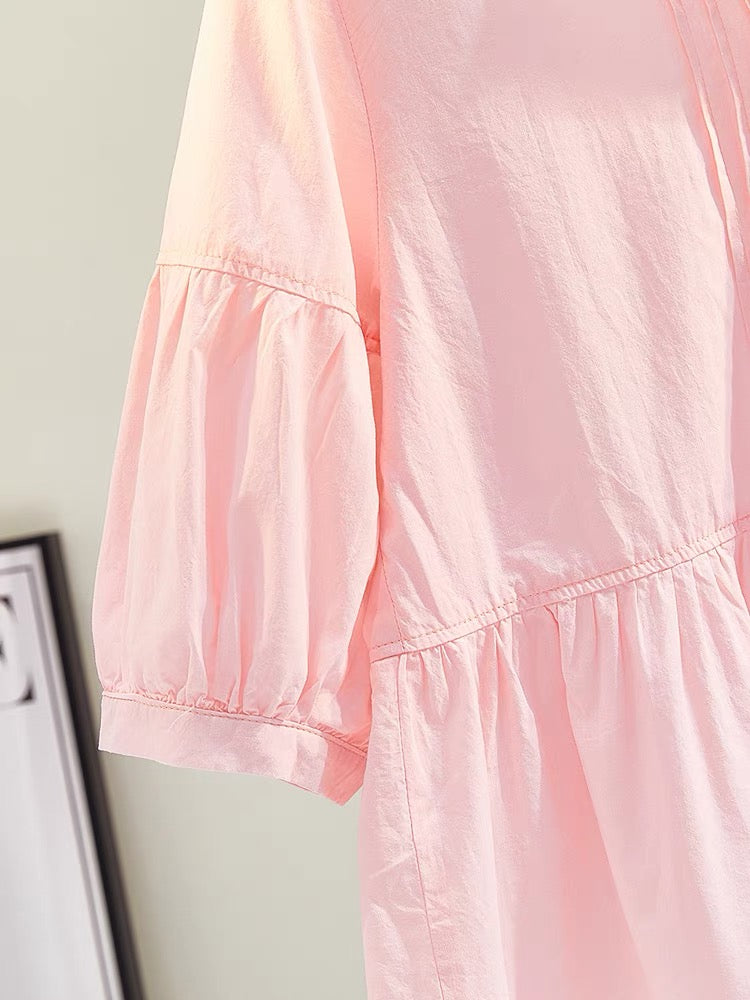 Round neck pink lantern sleeve doll shirt female 2023 summer new Korean fan art loose casual shirt shirt top