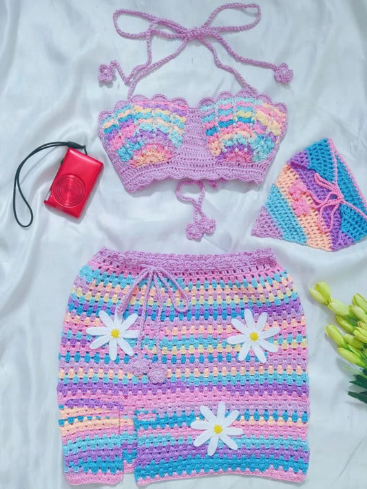 Holiday style contrast color braided suspenders three-dimensional splicing skirt female 2023 summer new fashion beach suit
