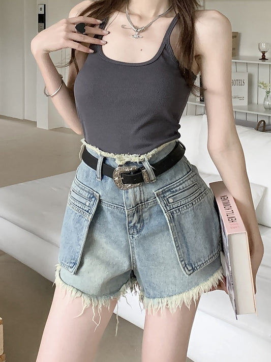 American retro washed old niche design raw edge jeans women's summer high waist thin hot pants short pants