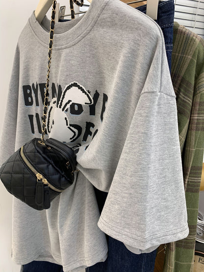 Gray front shoulder printed t-shirt female summer summer design sense niche loose T-shirt small chic short-sleeved top