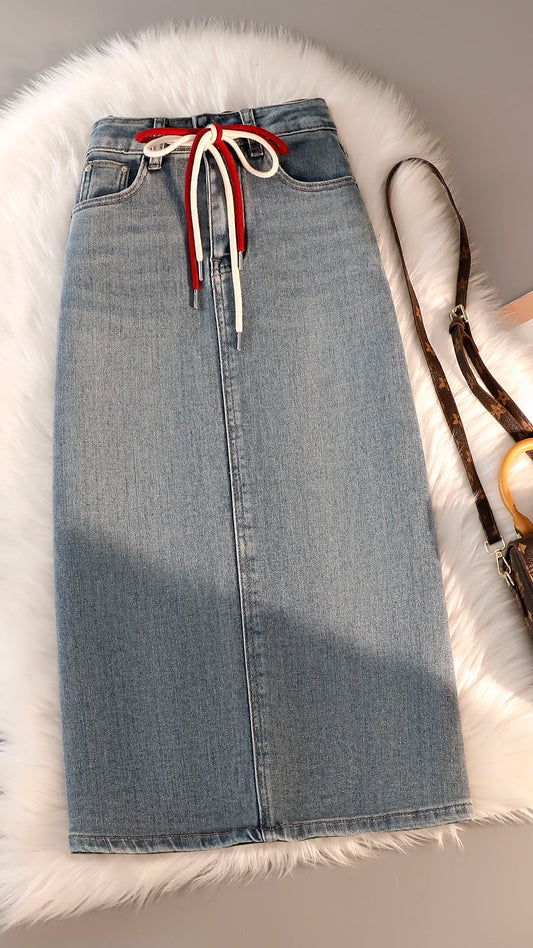 Denim skirt women's summer new high-waist hip-covering pear-shaped wear slimming mid-length slit A-line bag hip skirt