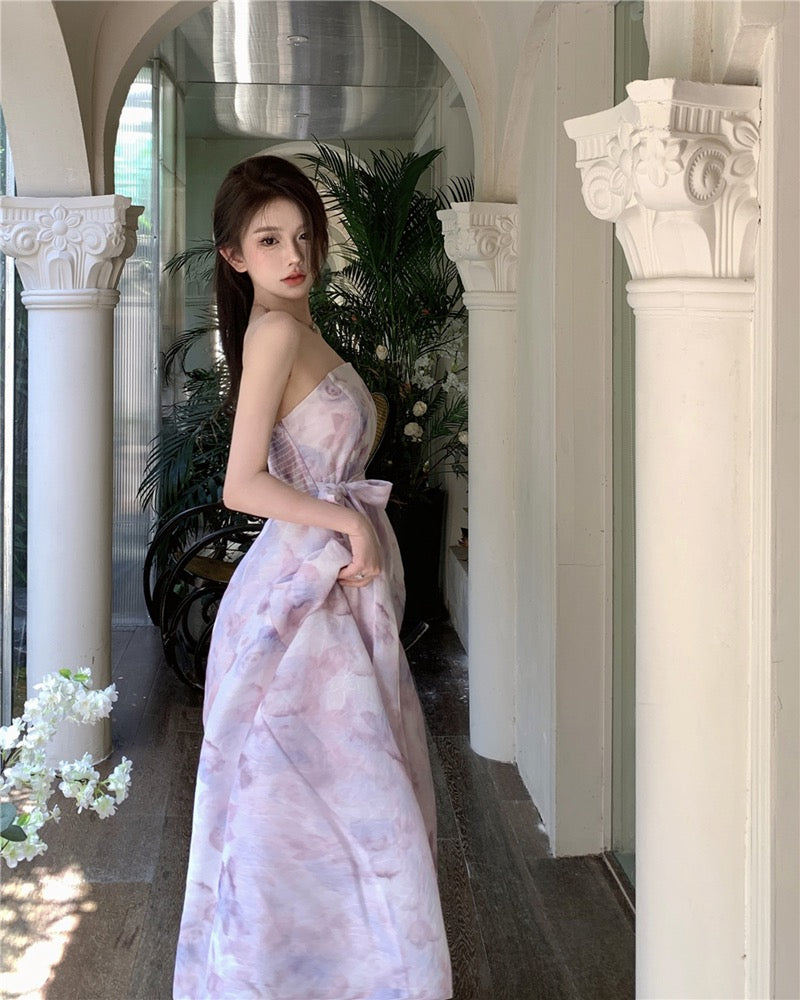 Printed tube top dress with open back and straps with one-shoulder waist and slim mid-length a-line skirt for women with summer temperament