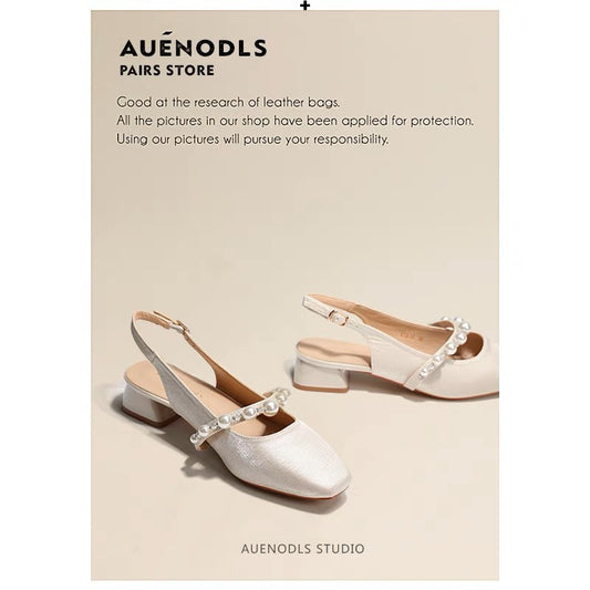 AUENODLS French one-word belt with pearls and thick-heeled sandals with beige square Baotou high-heeled single shoes for women