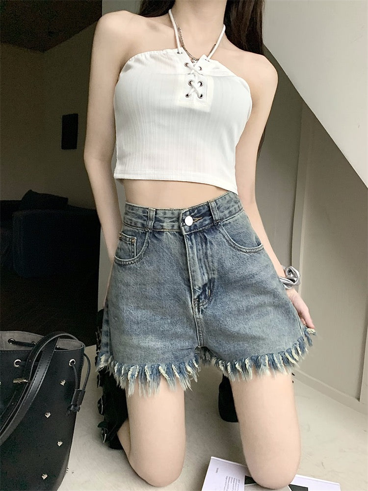 kumikumi hot girl style jeans shorts women's design sense raw edge tassel  straight-leg pants summer loose wide-leg pants