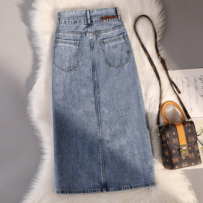 Small mid-length denim skirt women's summer new high waist hip-covering slimming side slit A-line bag hip skirt