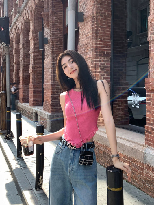 MULVAN Knitted Camisole Women's Summer Sweet and Spicy Style Outerwear Slim Slim Sleeveless Tassel Short Top