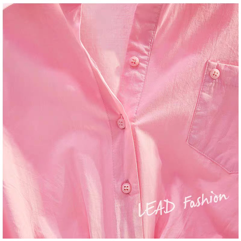 Rose red pleated pullover short-sleeved shirt women 2023 summer new Korean version single pocket casual literary shirt top