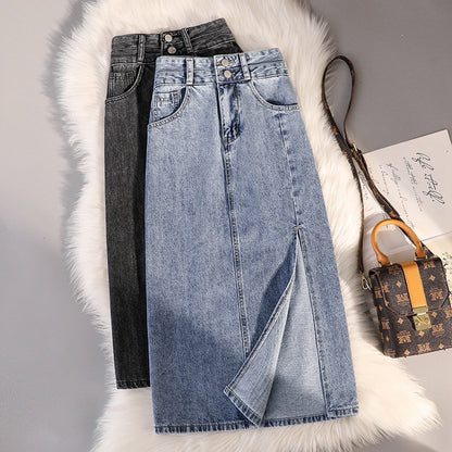 Small mid-length denim skirt women's summer new high waist hip-covering slimming side slit A-line bag hip skirt