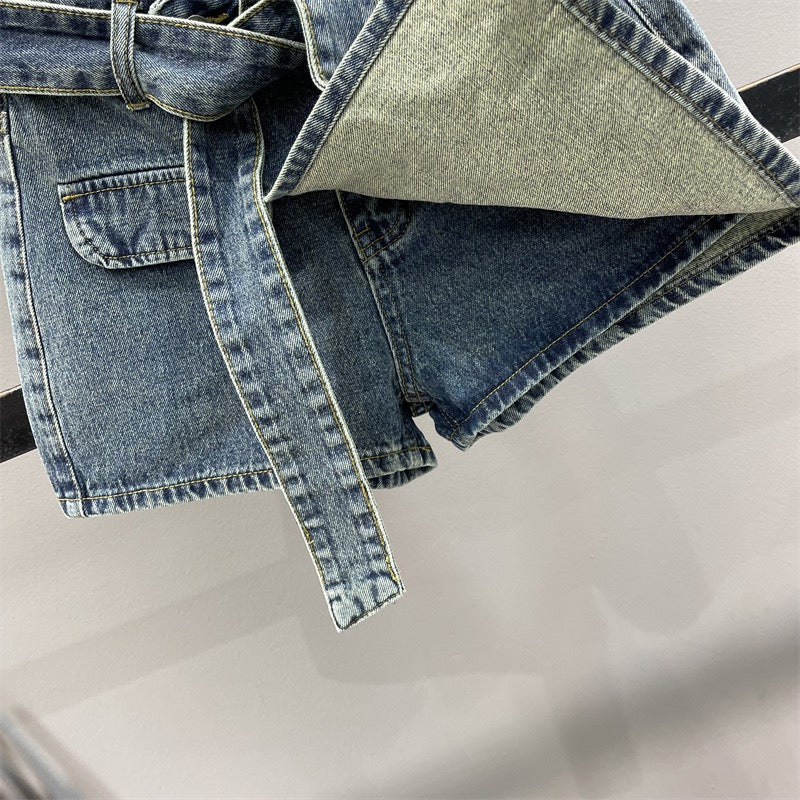 2023 Summer New Irregular Retro Denim Skirt Women's Fake Two-Piece Hakama Slim A-Line Wide-leg Shorts