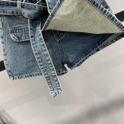 2023 Summer New Irregular Retro Denim Skirt Women's Fake Two-Piece Hakama Slim A-Line Wide-leg Shorts