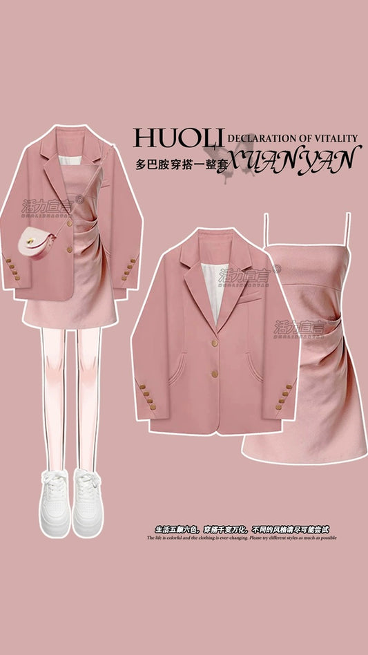 Pink long-sleeved dress autumn 2023 new women's suspender skirt dopamine wear with Yujie wind bag hip skirt