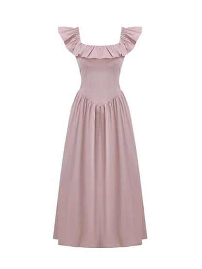 French-style small flying sleeve dress women's summer new waist slimming skirt gentle wind pink temperament long skirt goddess fan