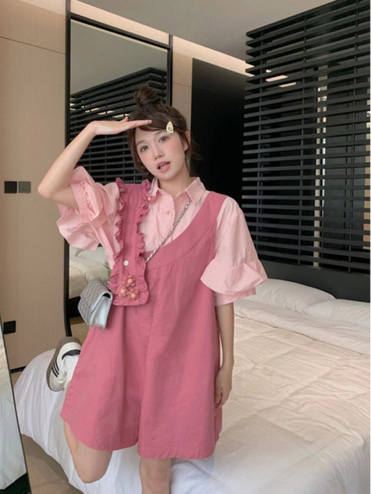 Irregular suspenders shorts women's summer new dopamine wear with wooden ears design wide-leg casual pants