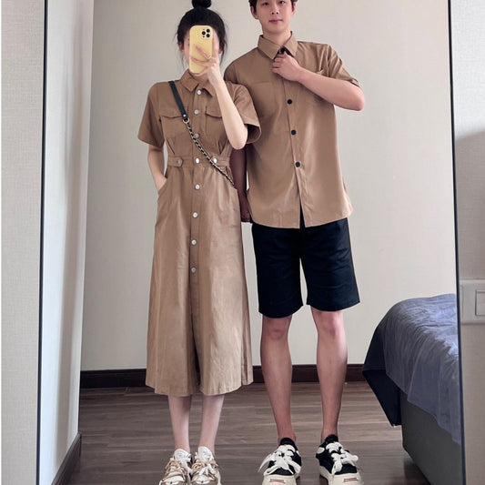 Different couple clothes summer 2023 new tooling short-sleeved shirt dress one dress one skirt your dress my skirt