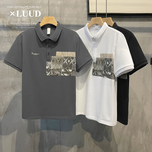 LUUD men's trendy brand personality patch lapel short-sleeved men's summer new product ruffian handsome retro POLO shirt T-shirt top