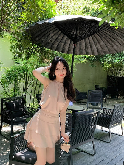 ByYou Summer High-quality Halter Neck Sleeveless Satin Top Set High Waist Slimming Ruffle Skirt Two-piece Set