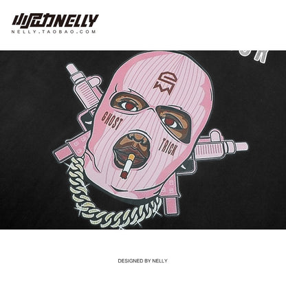 Ins European and American fashion masked people printed short-sleeved T-shirt men and women oversize loose high street hip-hop fried street half-sleeves