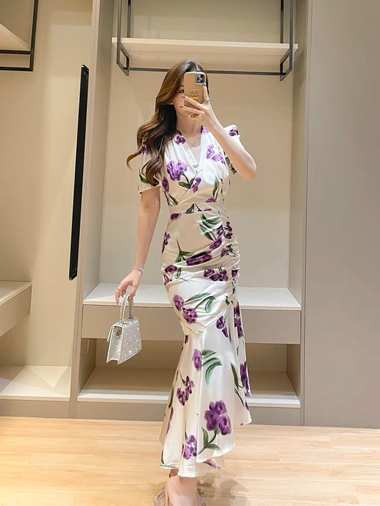 Silky satin printed dress summer new French floral V-neck short-sleeved waist pleated irregular mermaid skirt