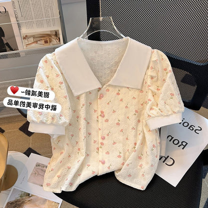 The counter withdraws the international famous brand cut tail single design floral short-sleeved shirt women's summer dress French short top
