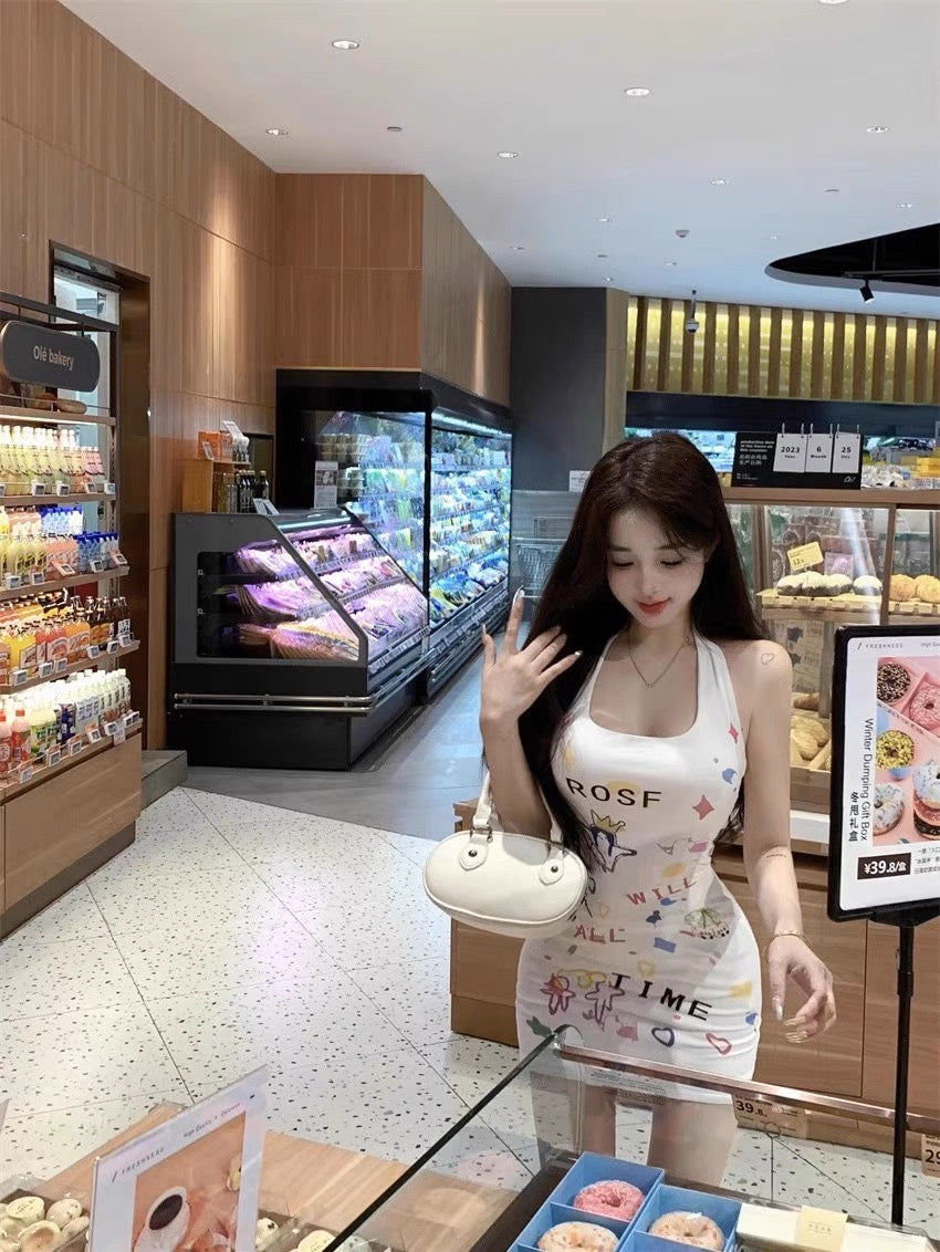 Hot Girl White Cartoon Printed Knitted Halter Neck Dress Female Summer Skirt Backless Waist Slim Package Hip Skirt