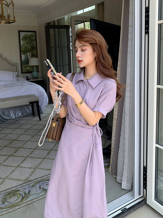 Deng Liuliu's high-end shirt skirt waist slimming temperament first love skirt French purple polo dress female summer