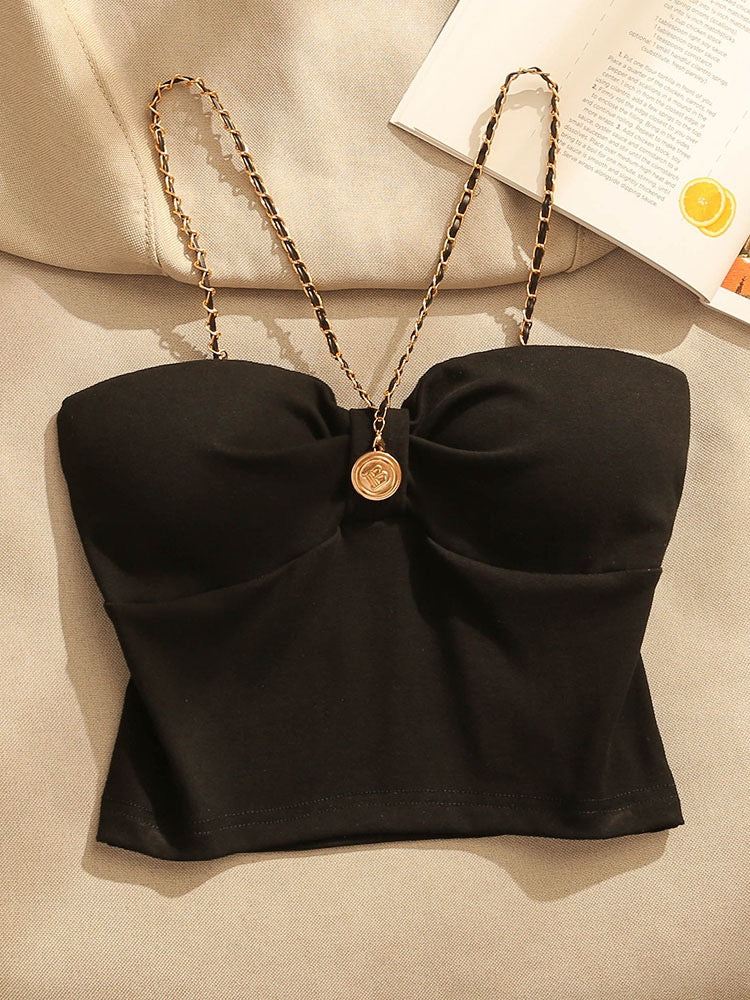French chain camisole women's summer sexy self-cultivation beautiful back with chest pad bottoming short tube top top