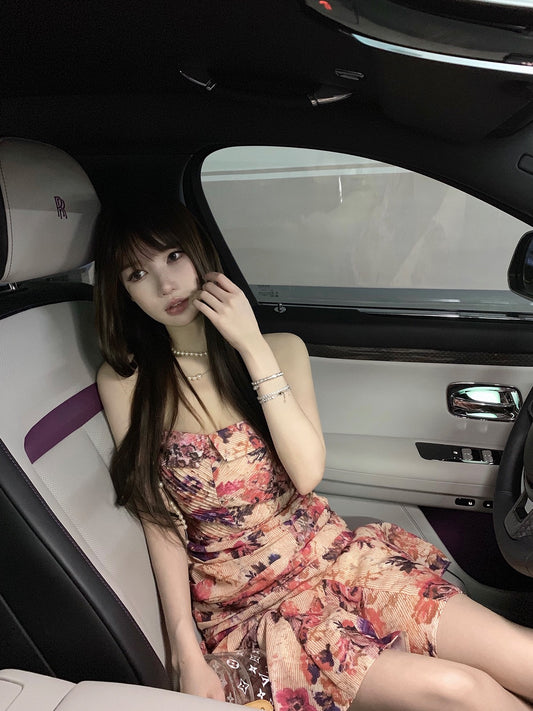 CHICYOU super white sexy hot girl pattern tube top temperament one-shoulder slim pleated slim dress