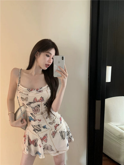 Atmosphere irregular waist hot girl dress female summer niche butterfly print suspender skirt a-line skirt