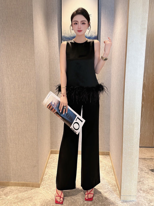 ZEROYK high-end fashion suit summer ladies temperament ostrich fur top wide-leg pants acetate two-piece tide