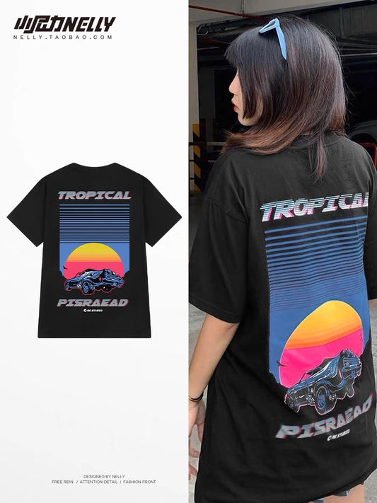 American retro cartoon cotton short-sleeved t-shirt for women and men loose ins trendy street style hip-hop oversize top