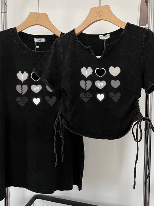 Old washed short-sleeved t-shirt women's summer self-cultivation thin shirt short section drawstring on both sides hot girl top couple outfit
