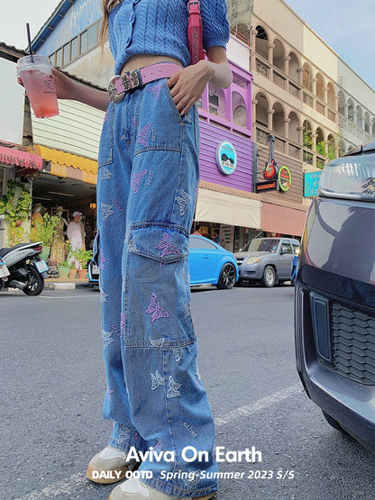 [Earth Shop] Heavy Industry Butterfly Embroidery Light Blue Tooling Style Narrow High Waist Loose Straight Jeans Women's Summer