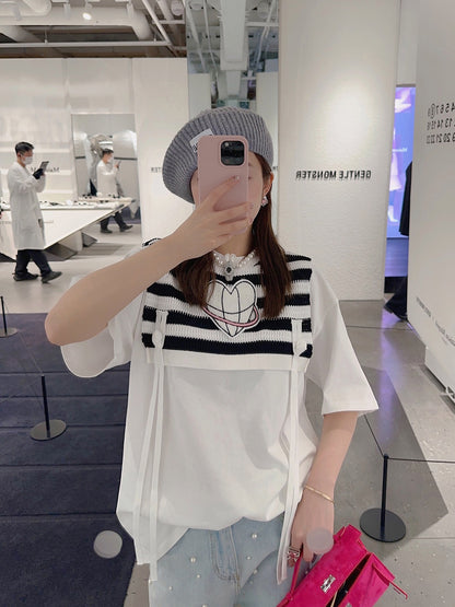 Thebestxue Korean version of the college wind fake two-piece striped love knitted shawl stitching white short-sleeved T-shirt women
